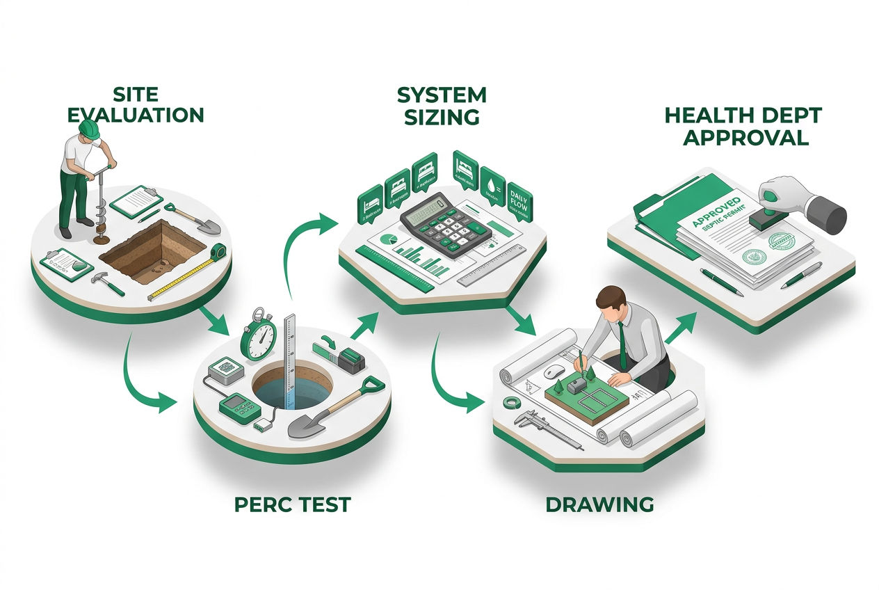 3D flow of the five septic system design process steps from site evaluation to approval