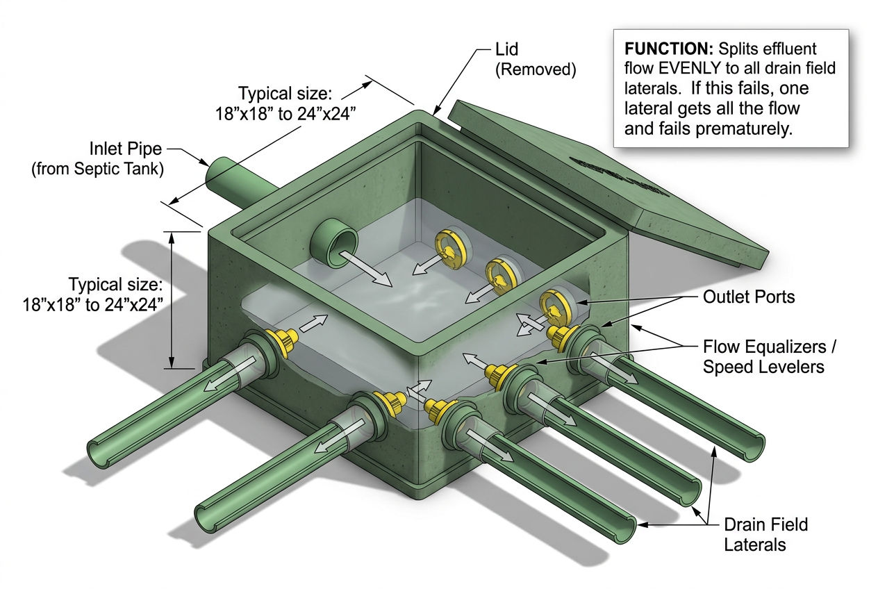 3D cutaway diagram of septic distribution box showing inlet, level floor, outlet ports, and flow equalizers