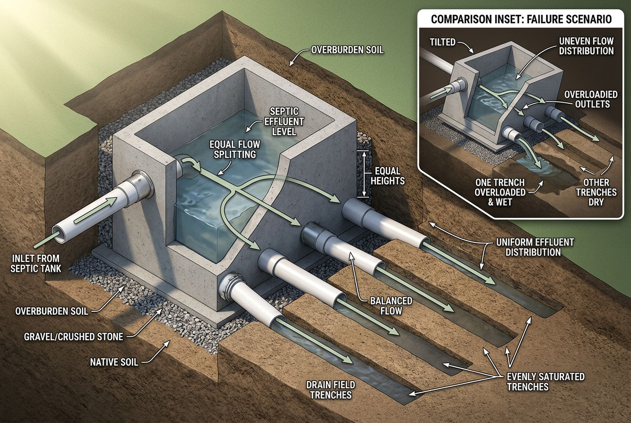 Septic system distribution box diagram showing equal effluent flow splitting to four drain field trenches