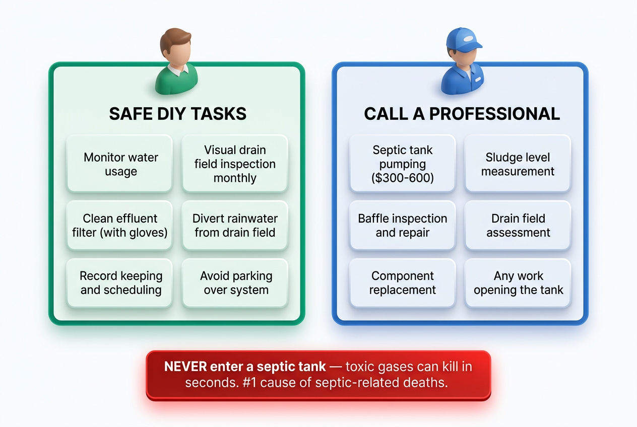 3D isometric two-column decision guide showing safe DIY septic maintenance tasks versus work requiring a licensed professional