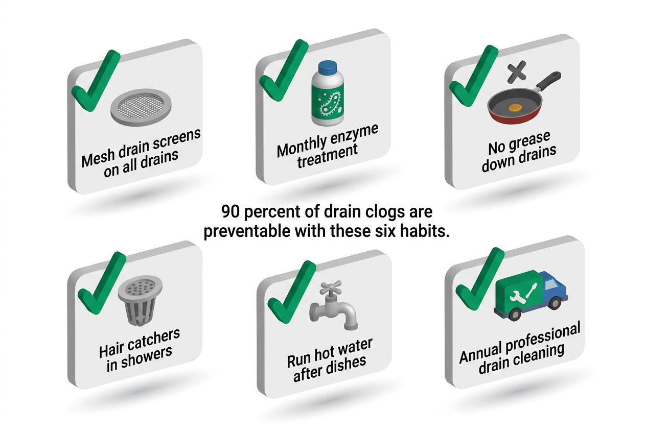 3D visual checklist of six drain clog prevention methods for homes with septic systems