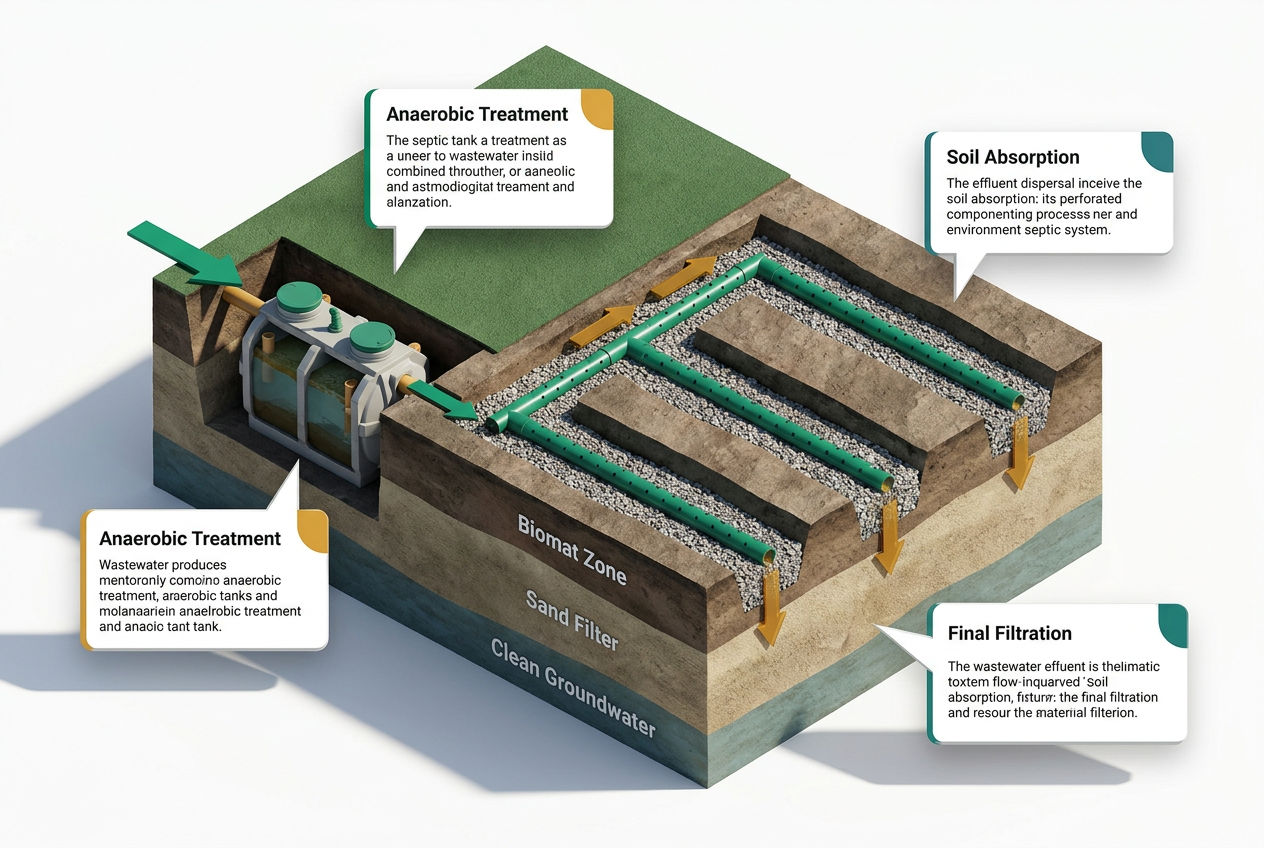 3D isometric cutaway showing wastewater flowing from septic tank through distribution pipes into gravel drain field trenches filtering into soil layer