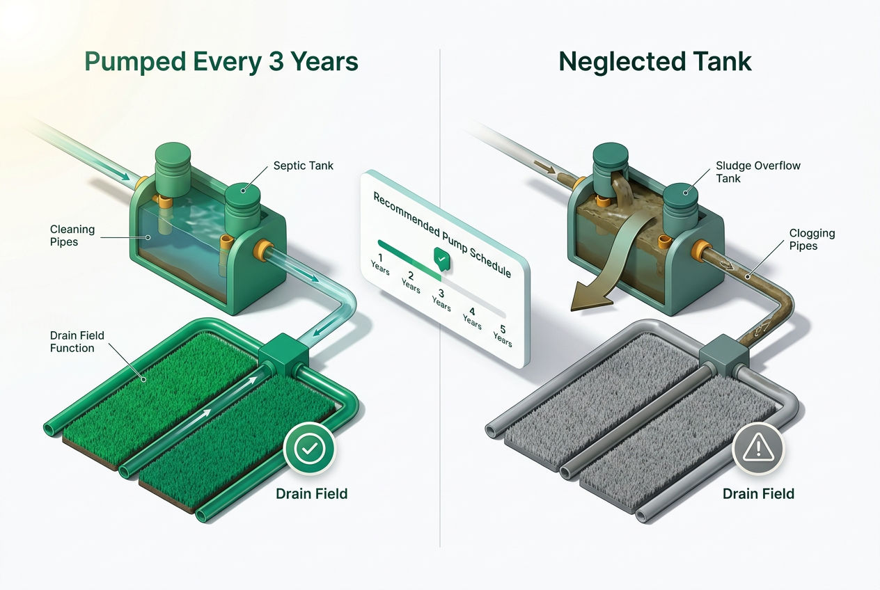 Side-by-side isometric comparison showing healthy drain field with regular pumping schedule versus clogged failing field from neglected tank maintenan