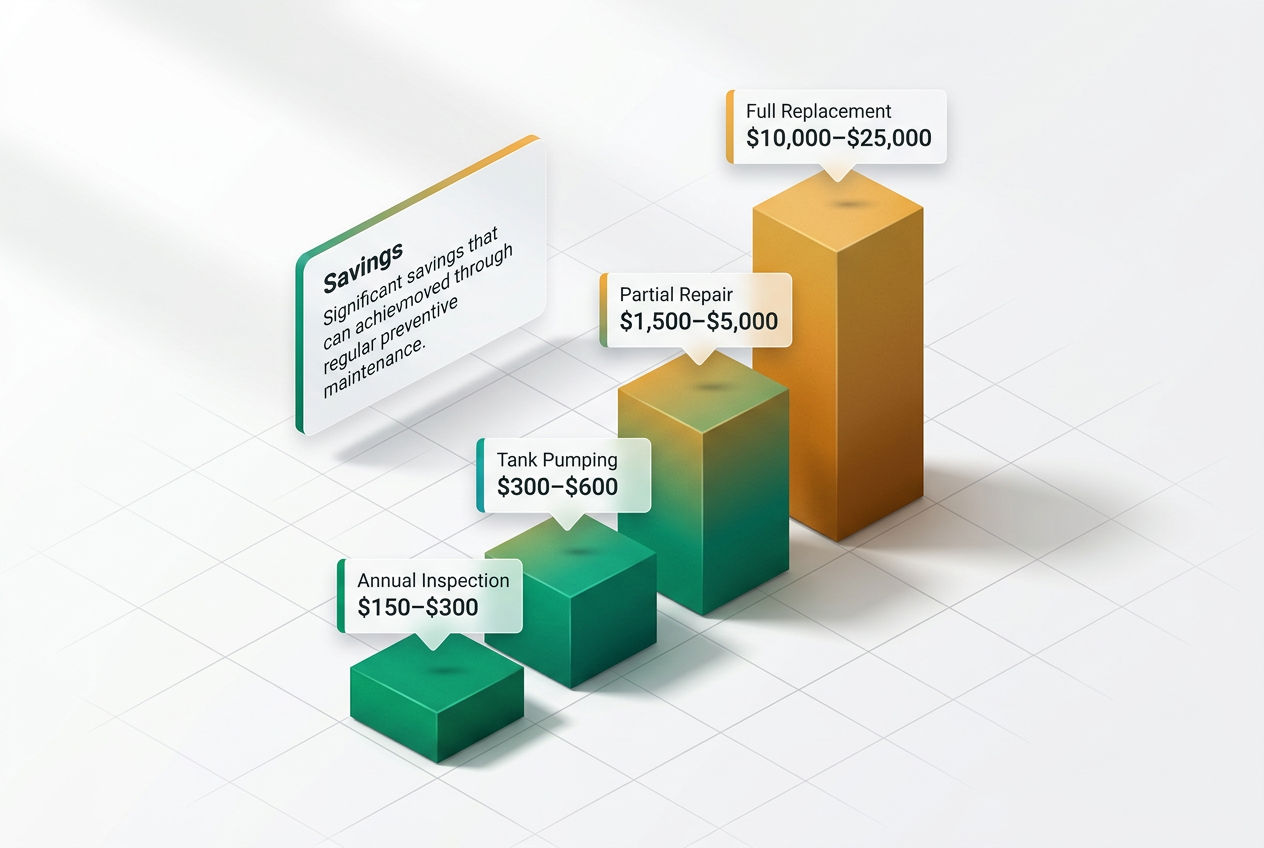 Isometric bar chart and floating cost cards comparing septic drain field maintenance, repair, and full replacement expenses with labeled price ranges.