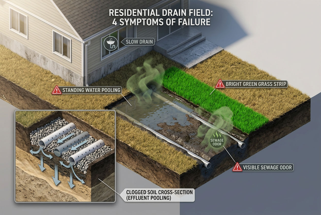 Residential yard showing four drain field problem symptoms including standing water green grass odors and slow drains