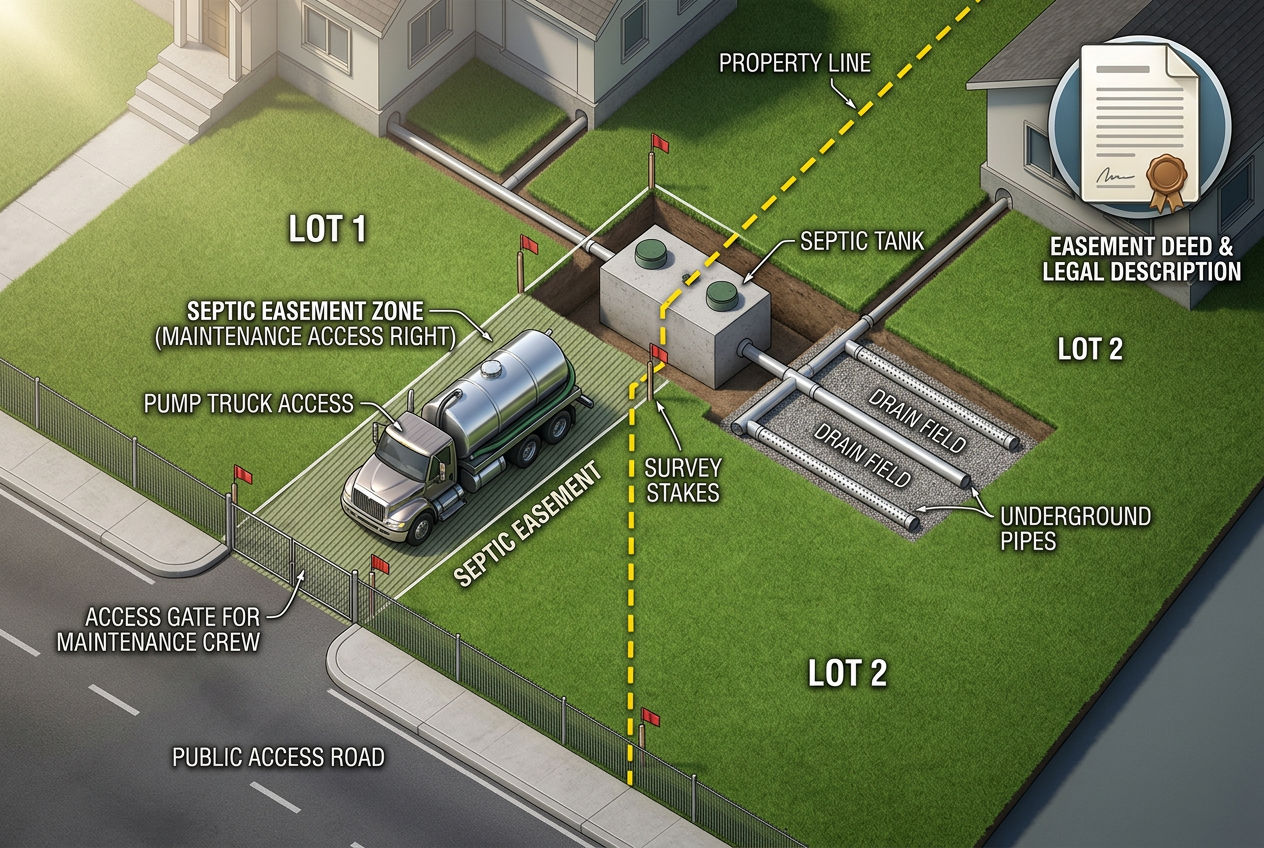 3D property survey view showing septic easement corridor across property line with access rights for maintenance