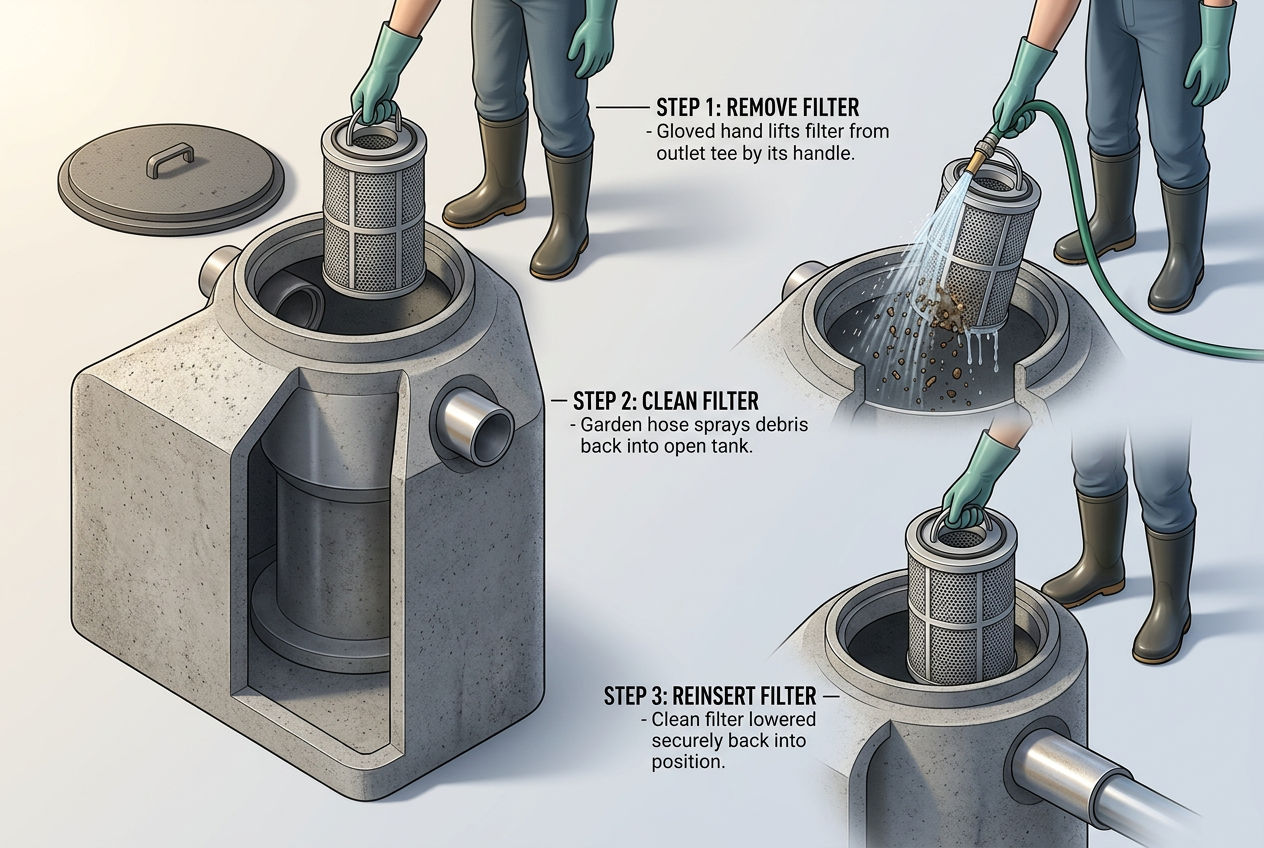 3D step-by-step showing effluent filter being pulled out, sprayed clean with hose, and reinserted into septic tank