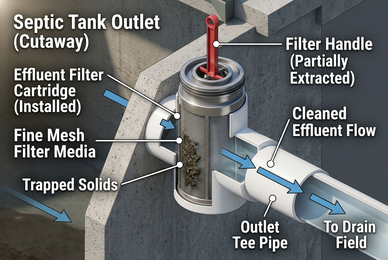 3D cross-section showing a septic effluent filter installed in the outlet tee with flow direction arrows