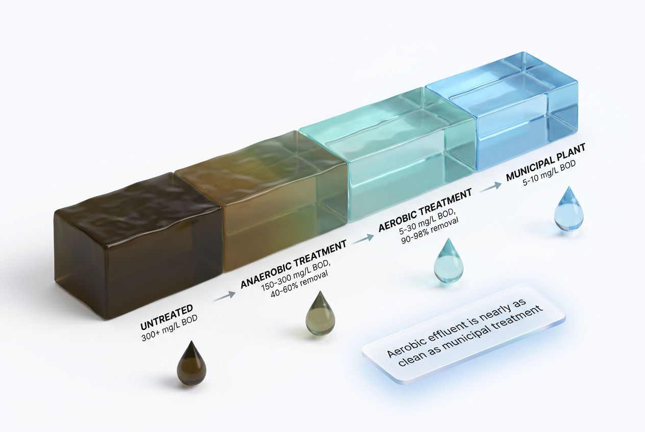 3D infographic comparing wastewater treatment purity from raw sewage through anaerobic and aerobic septic treatment