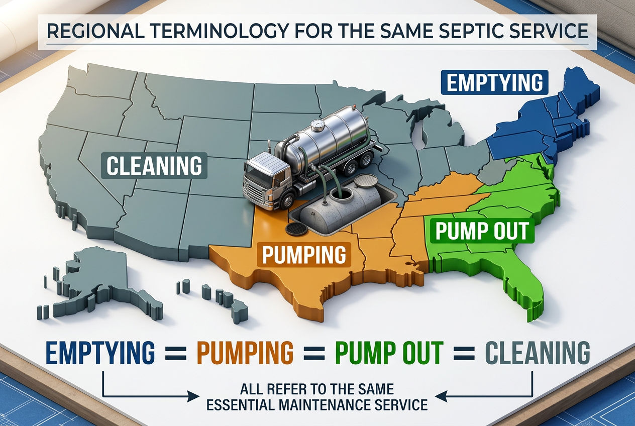 3D US map showing regional septic terminology differences: emptying, pumping, pump out, and cleaning all mean the same service