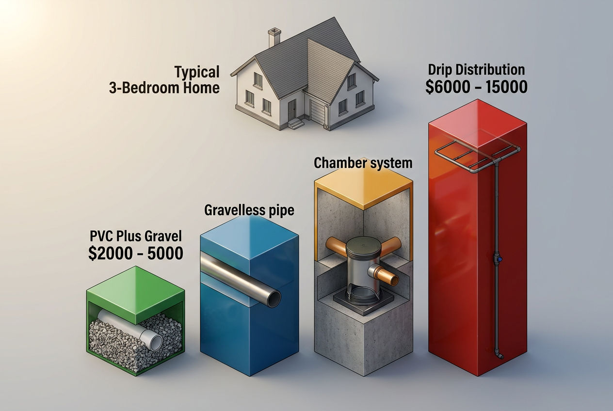 Cost comparison chart for four septic field line types from lowest PVC to highest drip distribution for 3-bedroom home