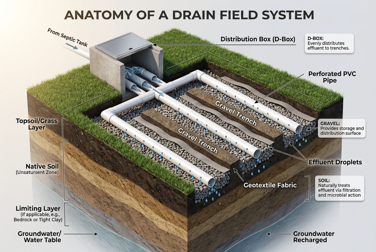 Cross-section of septic field lines showing perforated pipes in gravel trenches distributing effluent into soil