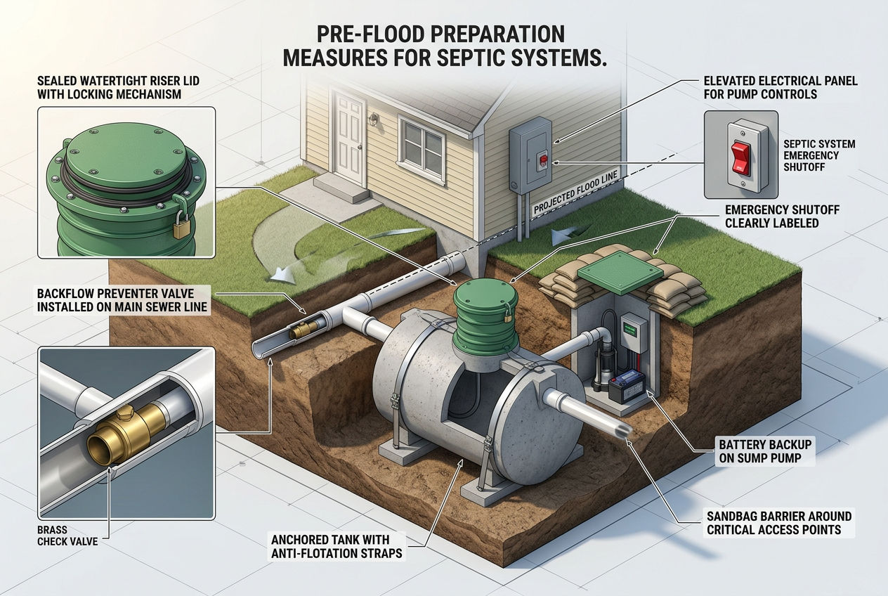 3D property showing flood preparation: sealed risers, backflow valve, elevated controls, anchored tank, and drainage grading