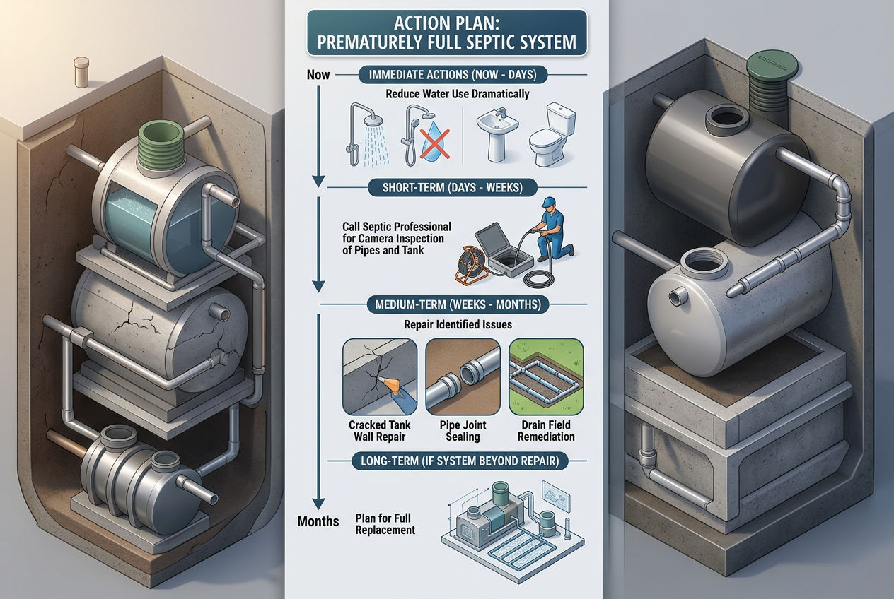 3D action timeline from immediate water reduction through professional diagnosis to repair or replacement for chronically full tank