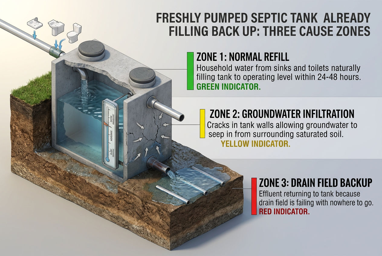 3D cutaway showing three reasons septic tank fills after pumping: normal refill, groundwater infiltration, and drain field failure