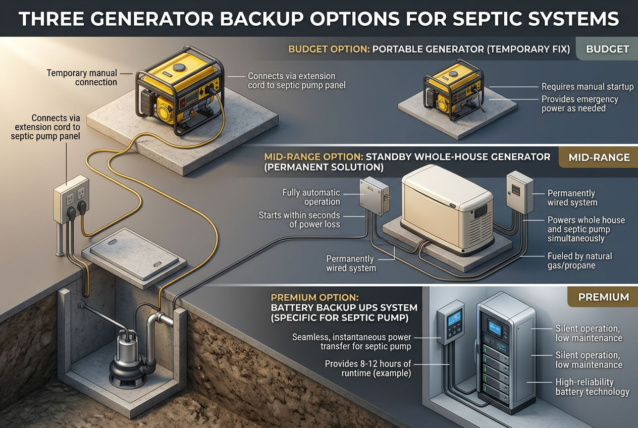 3D scene showing three backup power options for septic: portable generator, whole-house standby, and battery UPS system