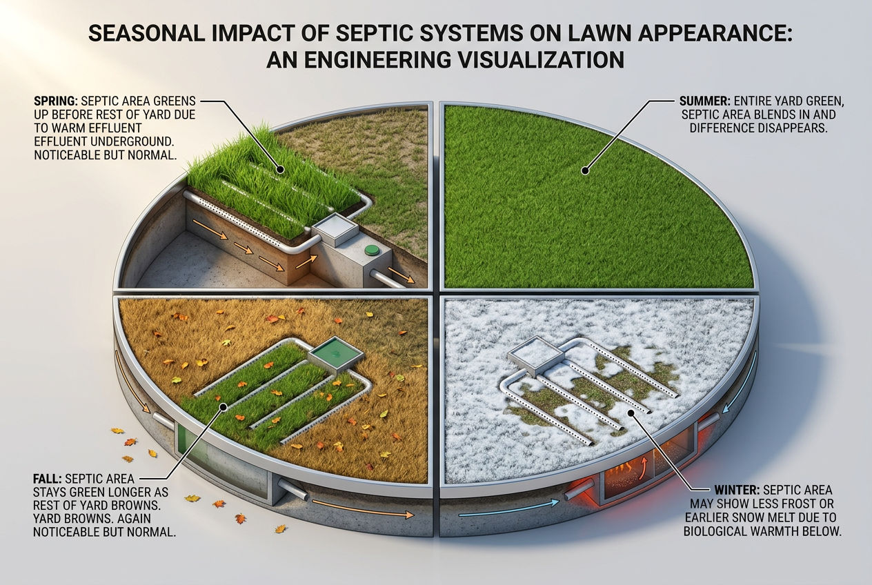 3D four-season view showing how grass color over septic changes: early spring green, summer blend, late fall green, winter snow melt