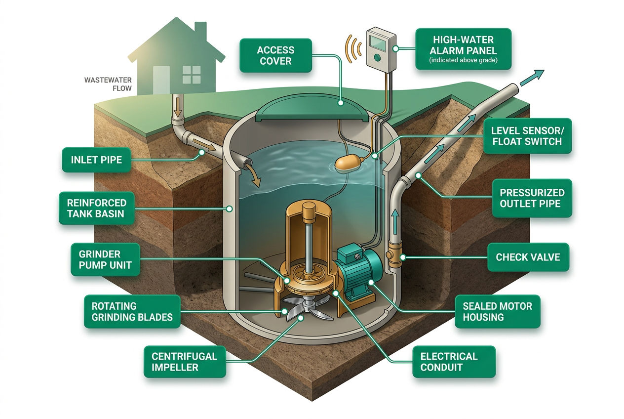 3D isometric cutaway of a septic grinder pump showing impeller, grinding blades, motor, and pressurized outlet pipe with labeled flow arrows.