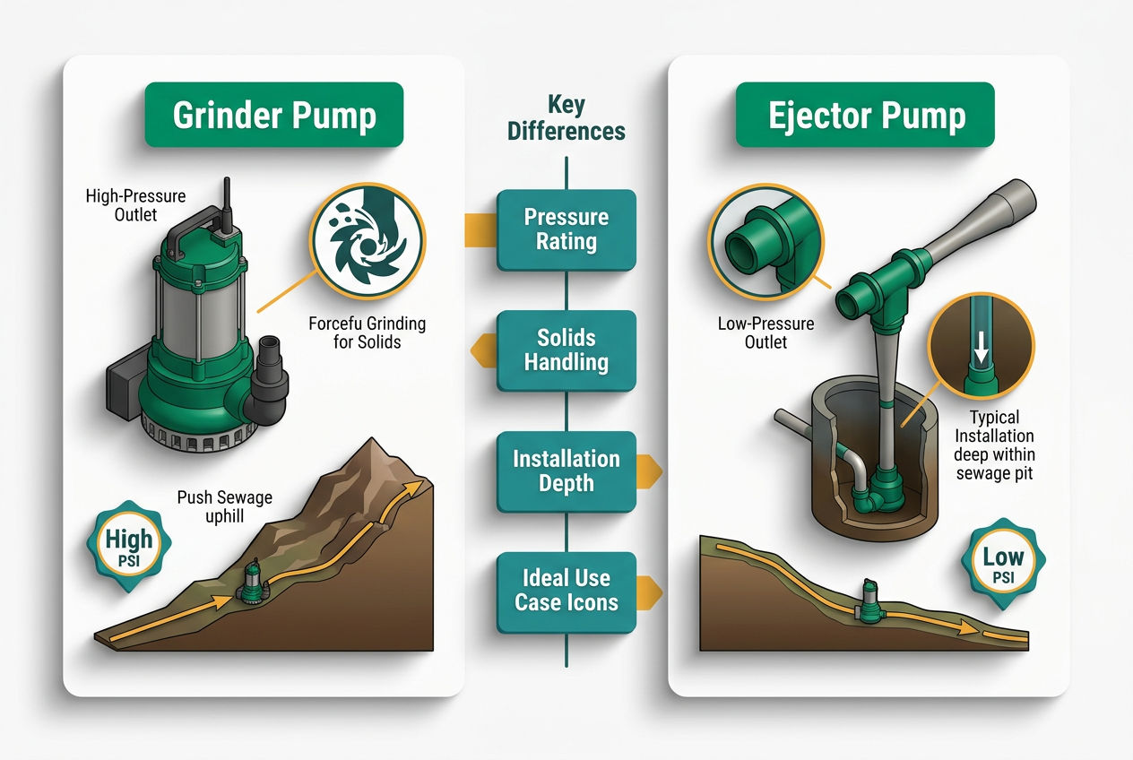 Side-by-side 3D isometric comparison panel showing grinder pump versus ejector pump with specs, use cases, and key difference callouts.