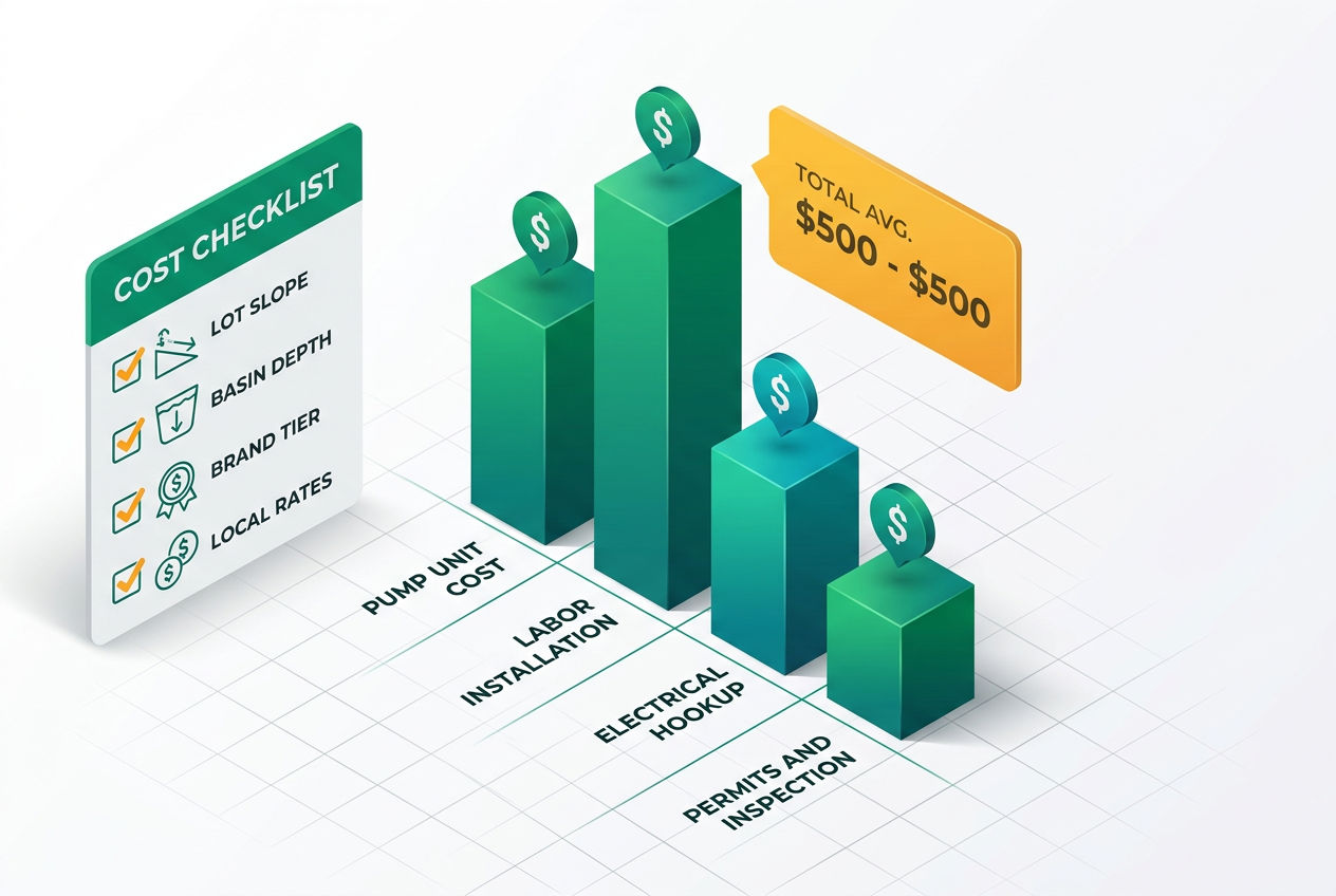 Isometric cost breakdown infographic with horizontal bar chart showing unit cost, installation labor, electrical, and permit fees for septic grinder p
