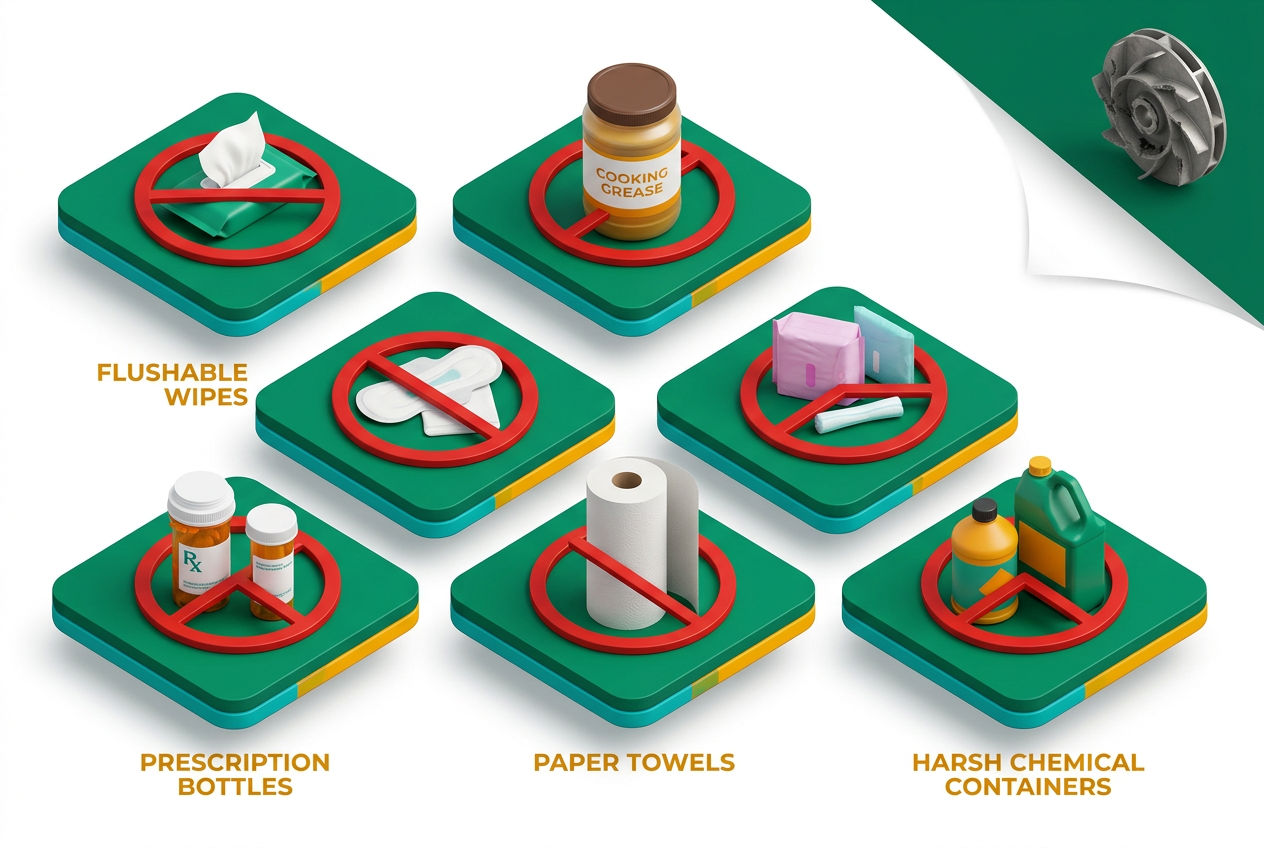 Isometric grid of prohibited items for grinder pump systems including wipes, grease, medications, and chemicals with red-cross warning badges.