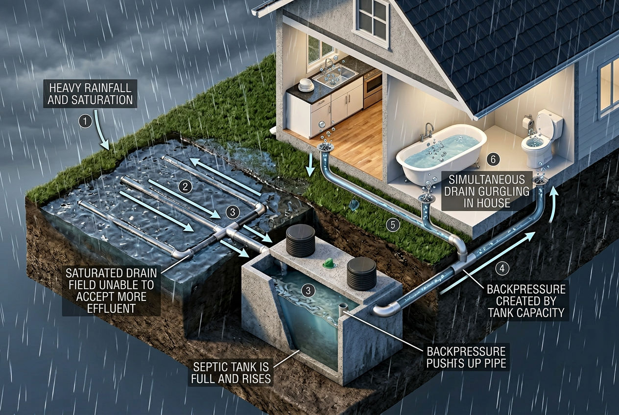 3D chain reaction showing rain saturating drain field causing tank backup and gurgling in all house drains