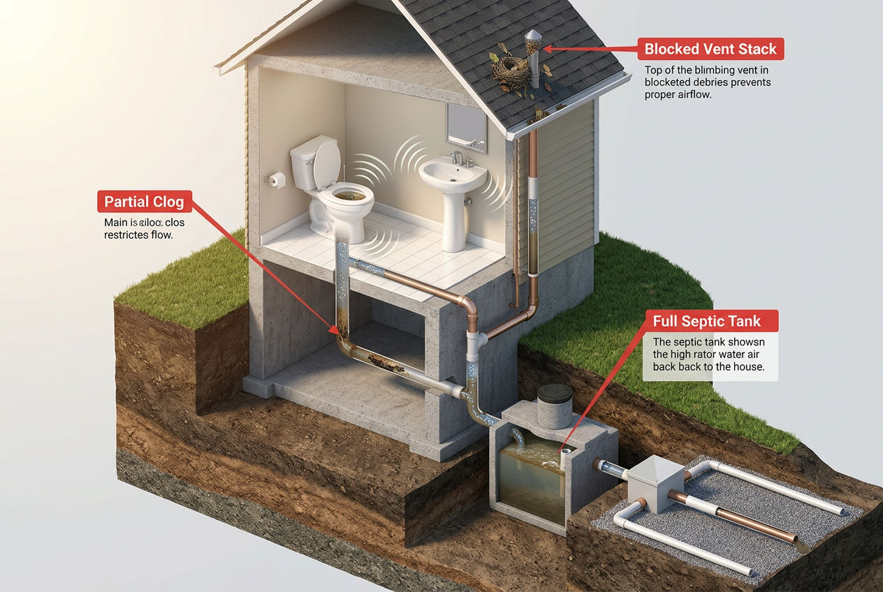3D cutaway showing three causes of septic gurgling: pipe clog, full tank, and blocked vent stack with air bubbles