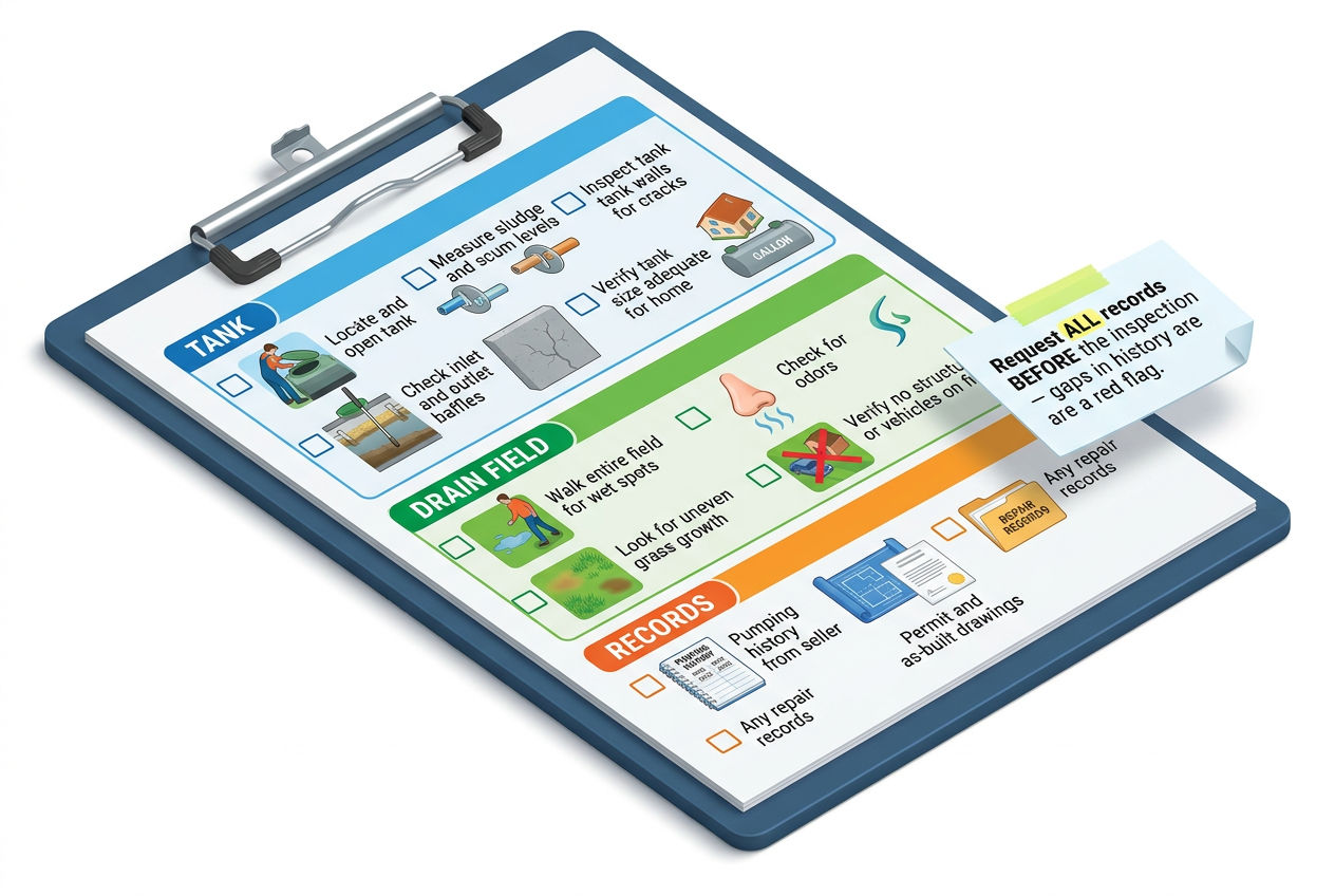 3D visual inspection checklist for home buyers covering tank, drain field, and records categories