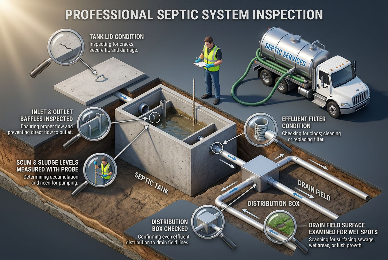 3D cutaway showing professional septic inspection with all checkpoints: baffles, levels, filter, distribution box, drain field