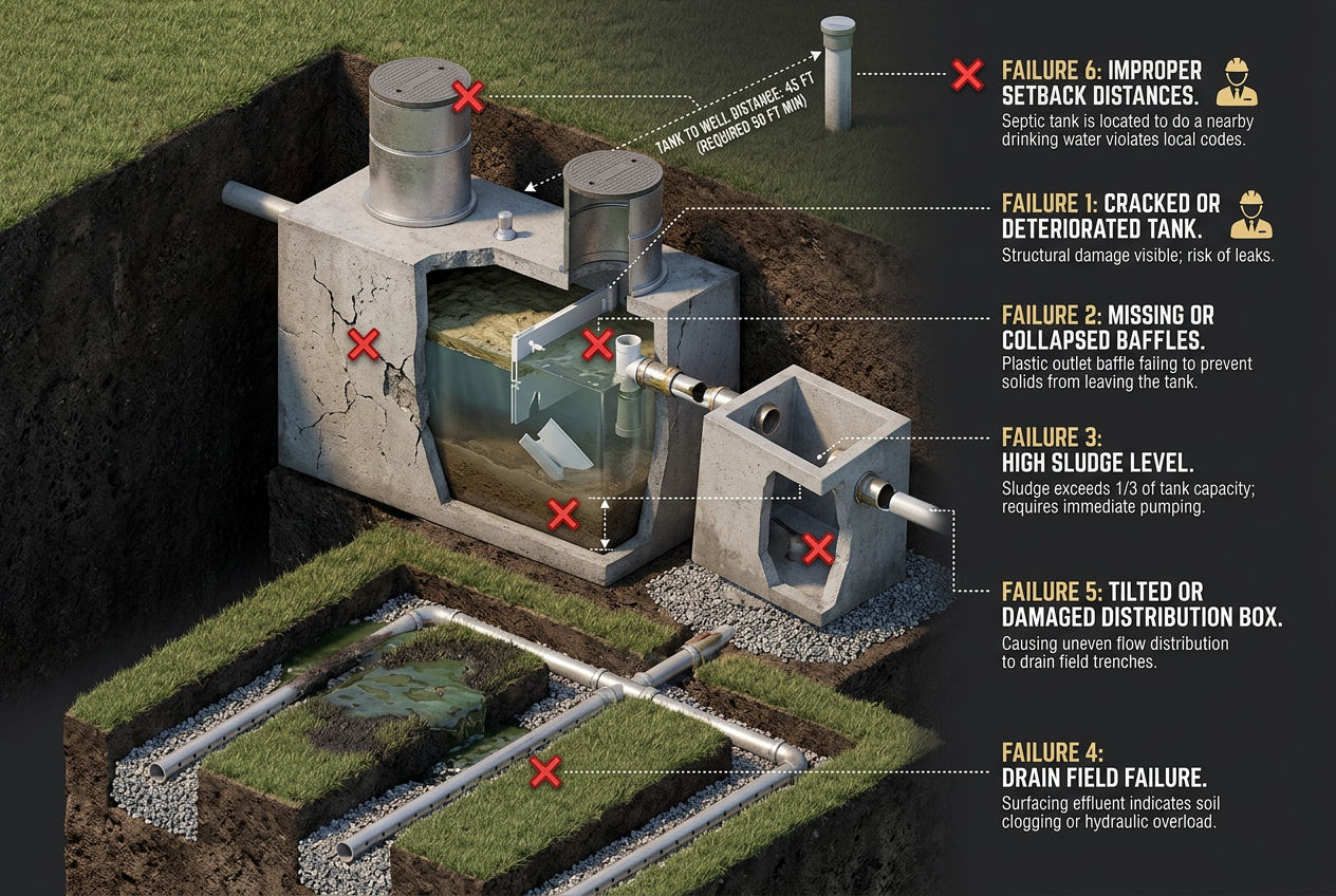 3D septic system cutaway showing six common inspection failure points: cracked tank, missing baffles, high sludge, failed field, bad d-box, setback violation