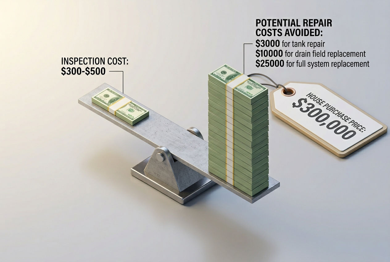3D dramatic scale showing $400 inspection cost versus $3,000-$25,000 in potential repairs avoided on a $300,000 home purchase