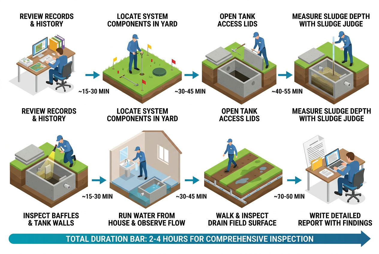 3D eight-step process showing a complete septic inspection from records review to final report