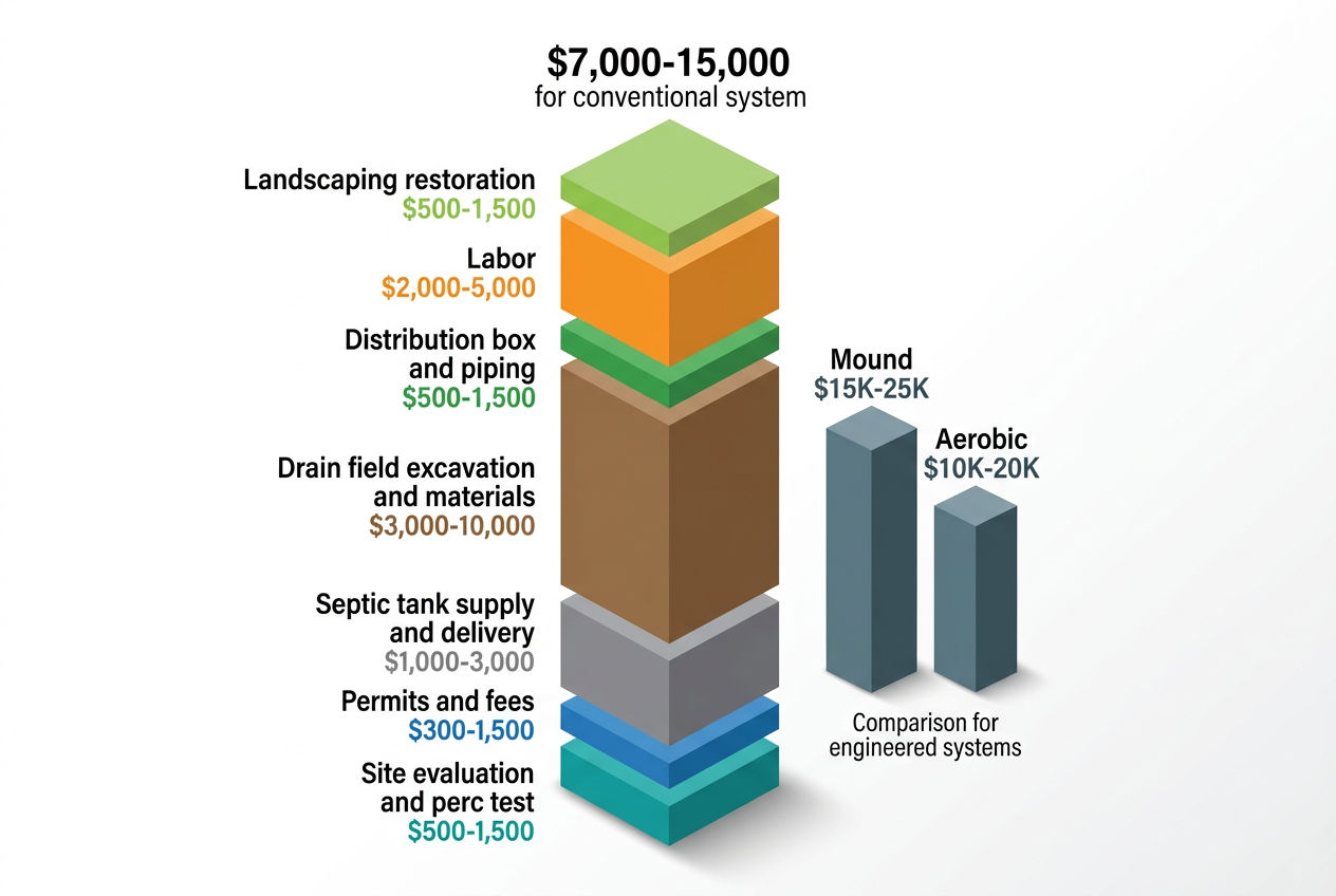 3D stacked cost breakdown for new septic system installation totaling $7,000-15,000 conventional