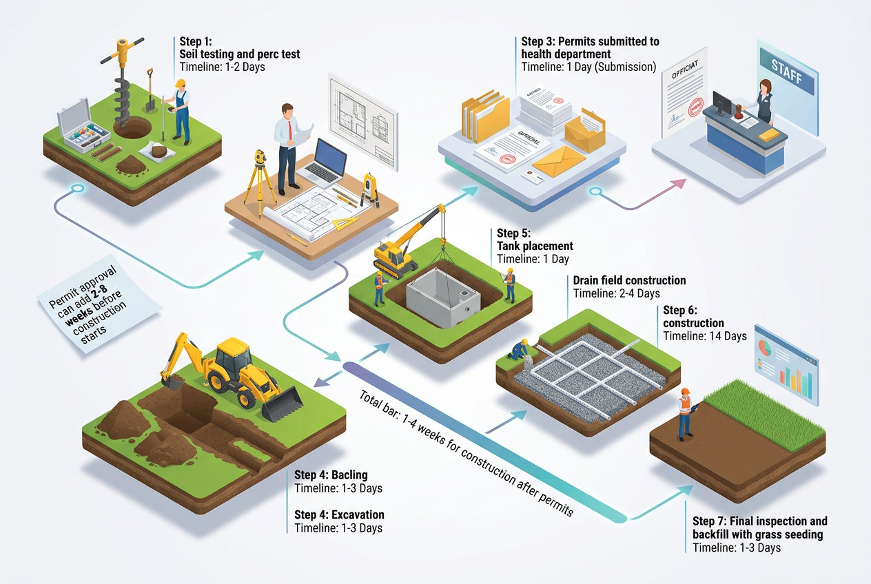 3D seven-step process for new septic system installation from soil testing to final inspection