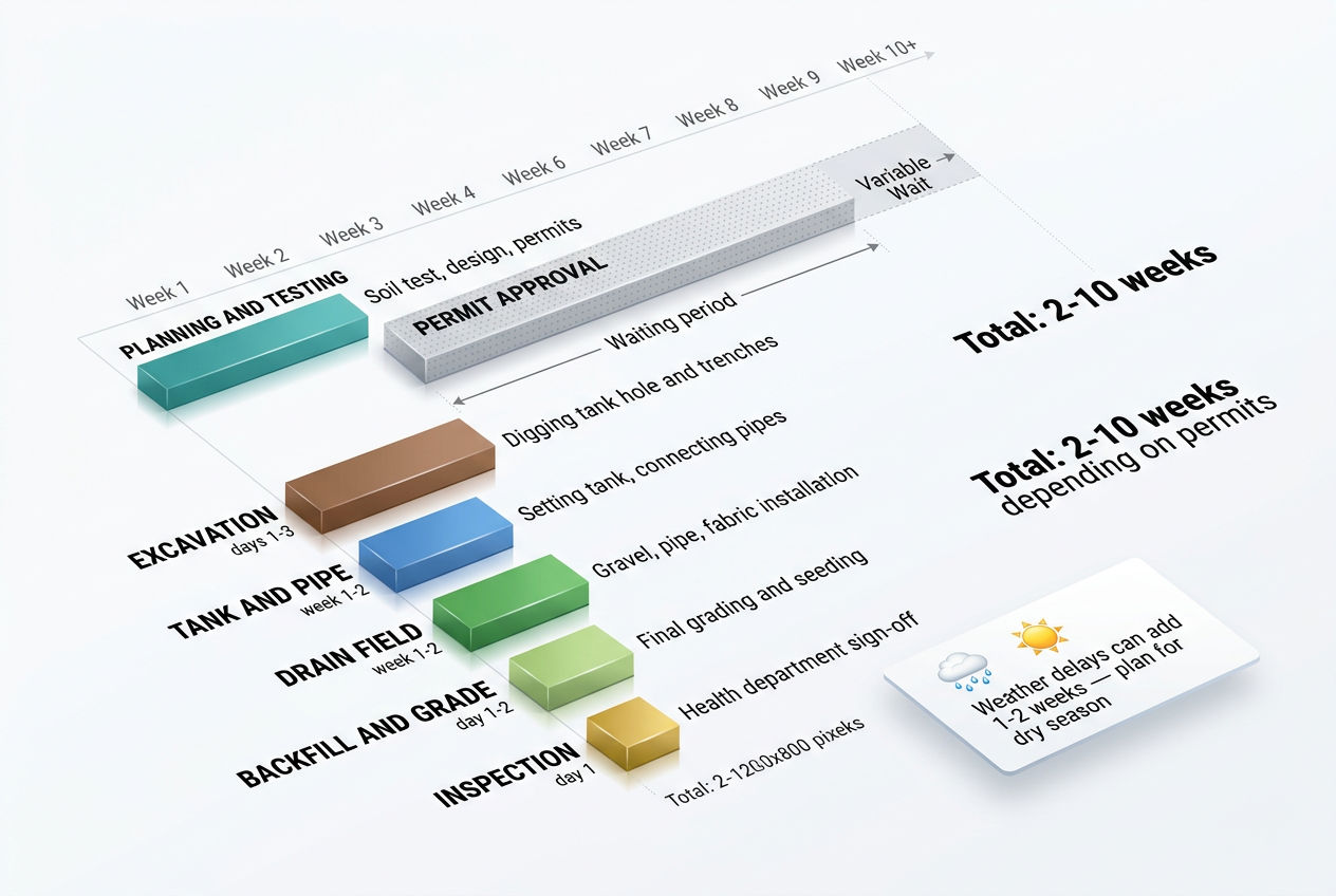3D Gantt-style timeline showing septic system installation phases from planning through inspection over 2-10 weeks