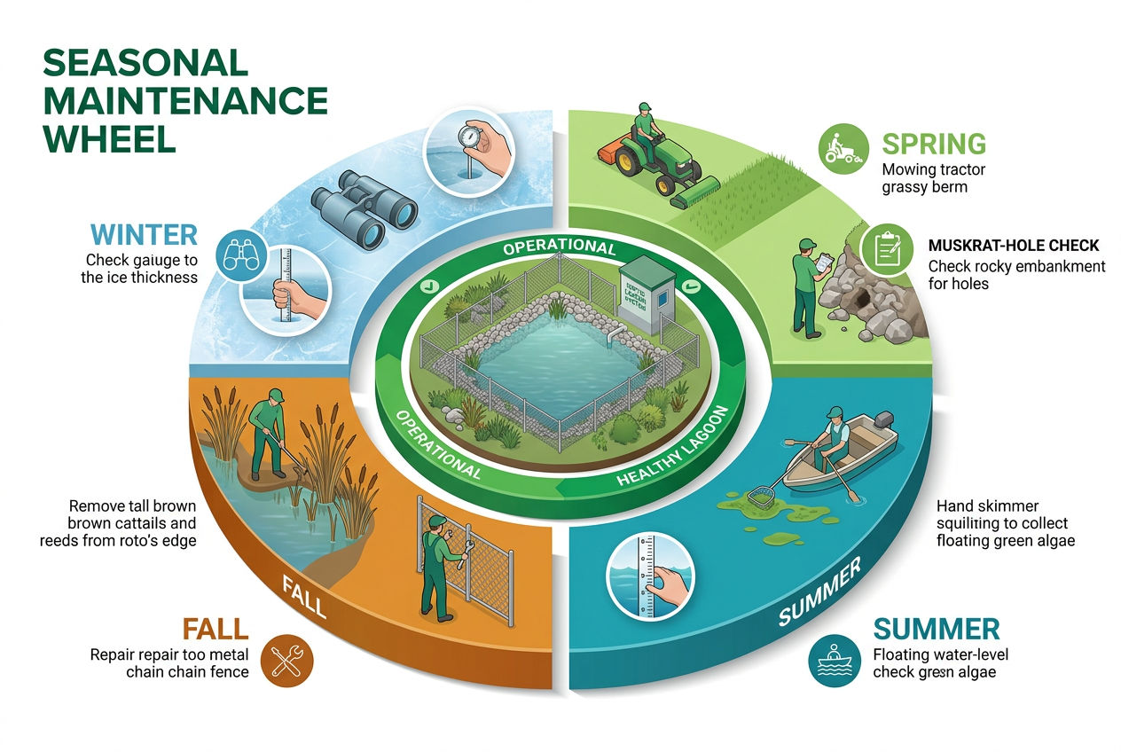 3D seasonal maintenance wheel for a septic lagoon system