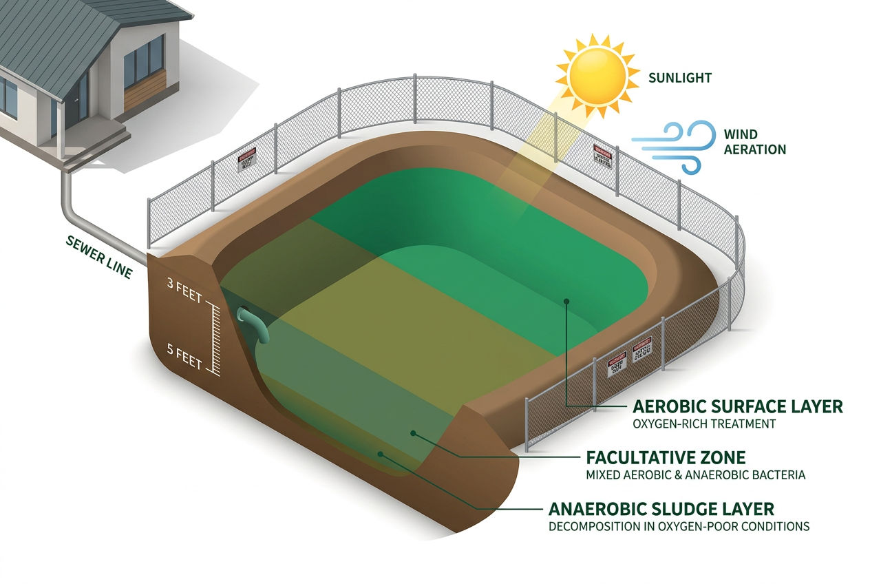 3D anatomy of a residential septic lagoon showing its treatment zones