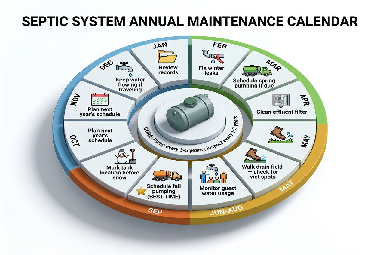3D twelve-month circular calendar showing monthly septic system maintenance tasks organized by season