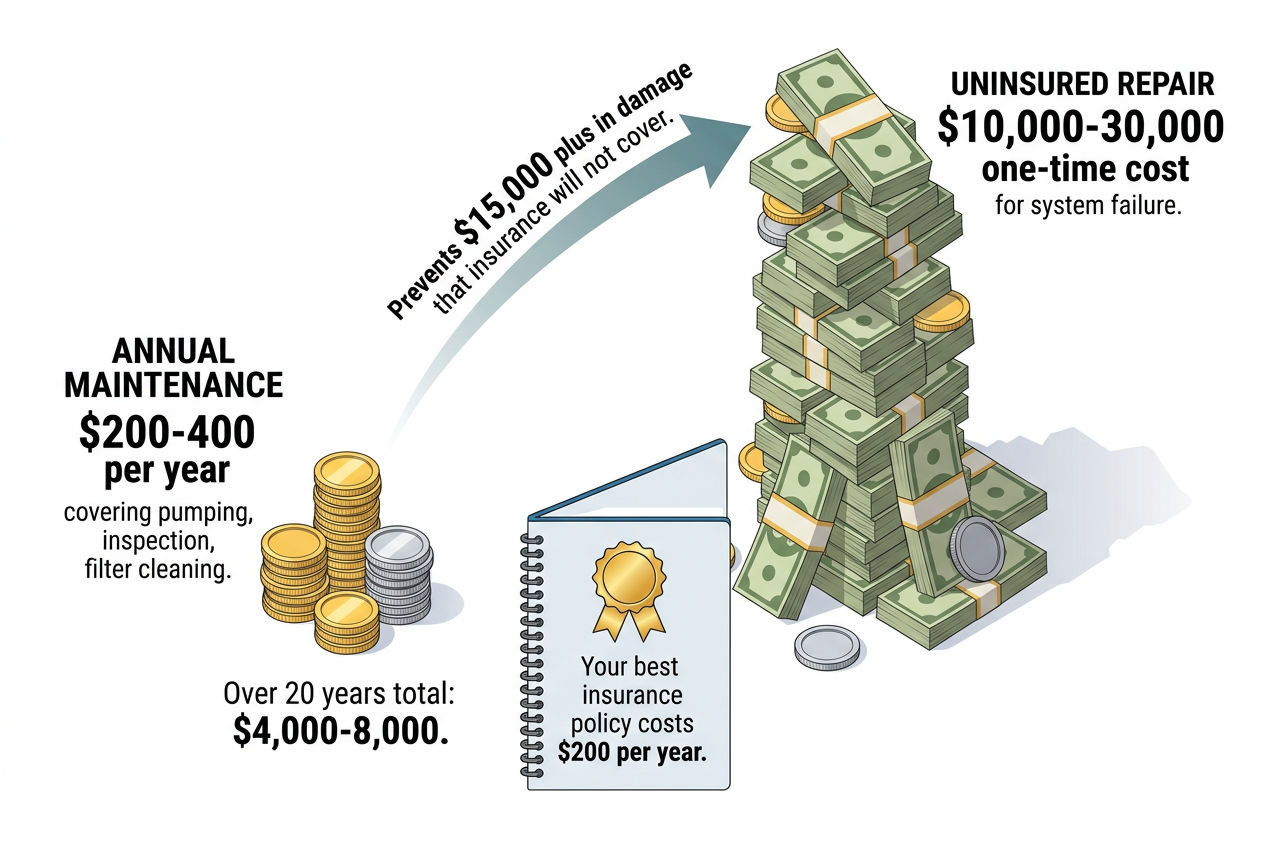3D financial comparison showing $200-400 annual maintenance versus $10,000-30,000 uninsured repair costs