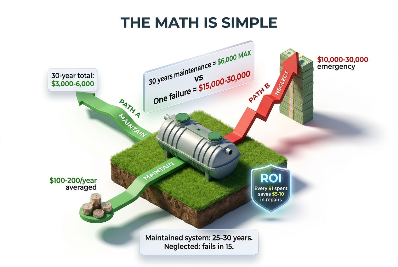 3D cost comparison showing 30-year septic maintenance versus system failure repair costs