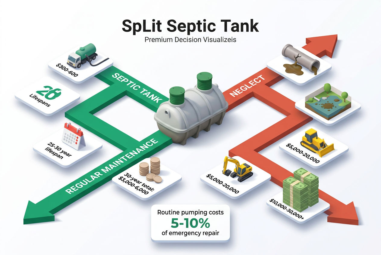 3D comparison showing cost of regular septic maintenance versus neglect leading to system failure and expensive repairs