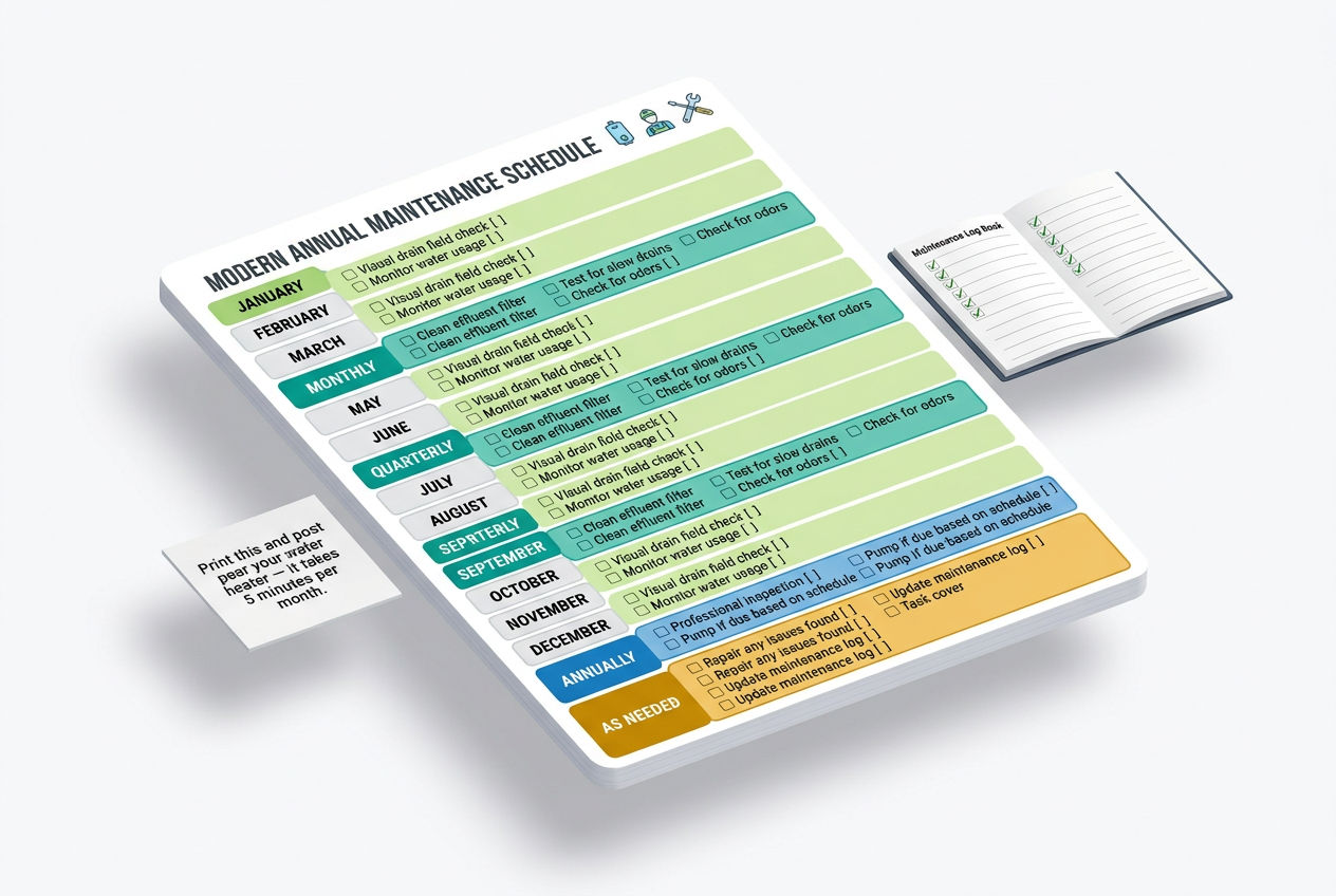 3D annual maintenance schedule template showing monthly, quarterly, and annual septic system tasks