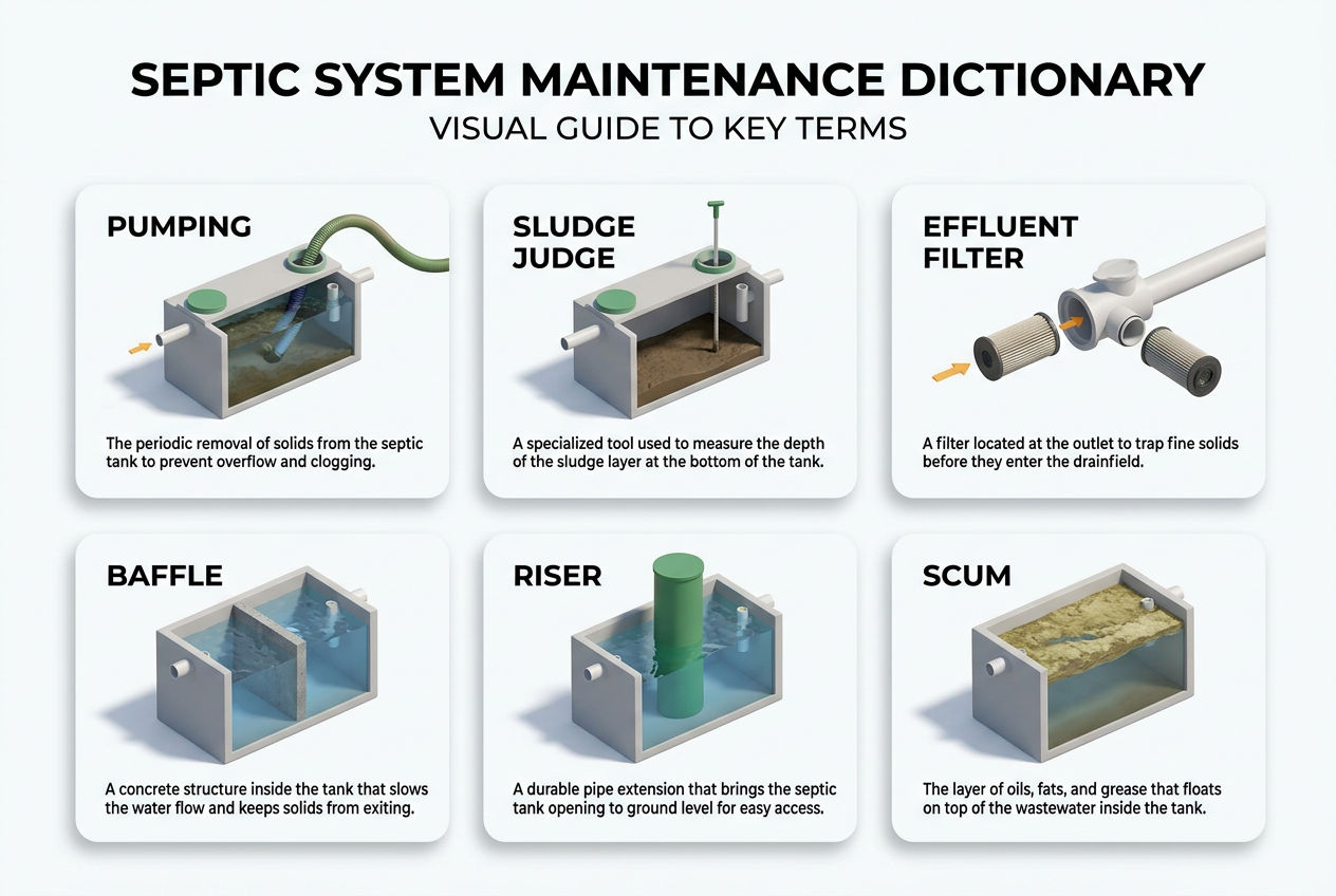3D visual dictionary illustrating common septic maintenance terms including pumping, sludge judge, and baffles