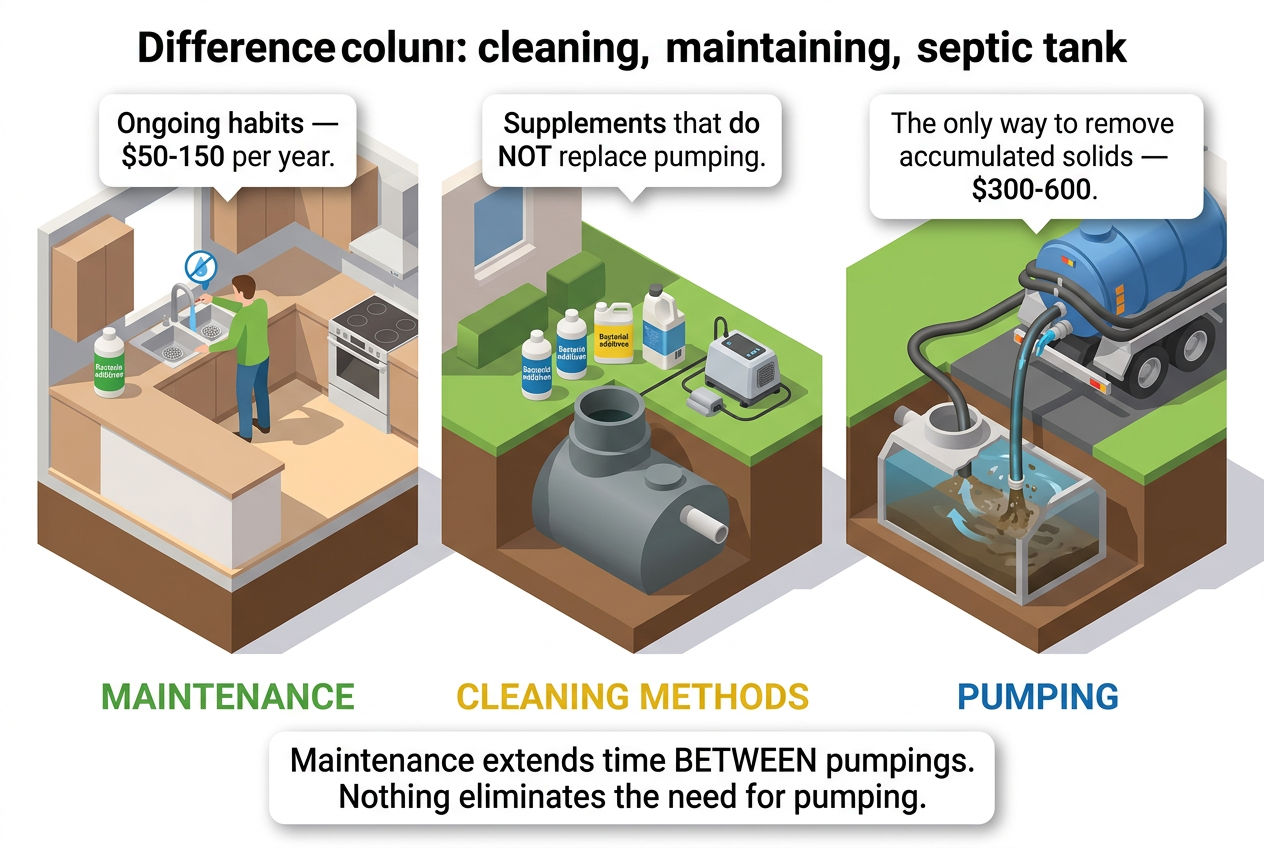 3D three-column comparison of septic tank maintenance, cleaning methods, and professional pumping