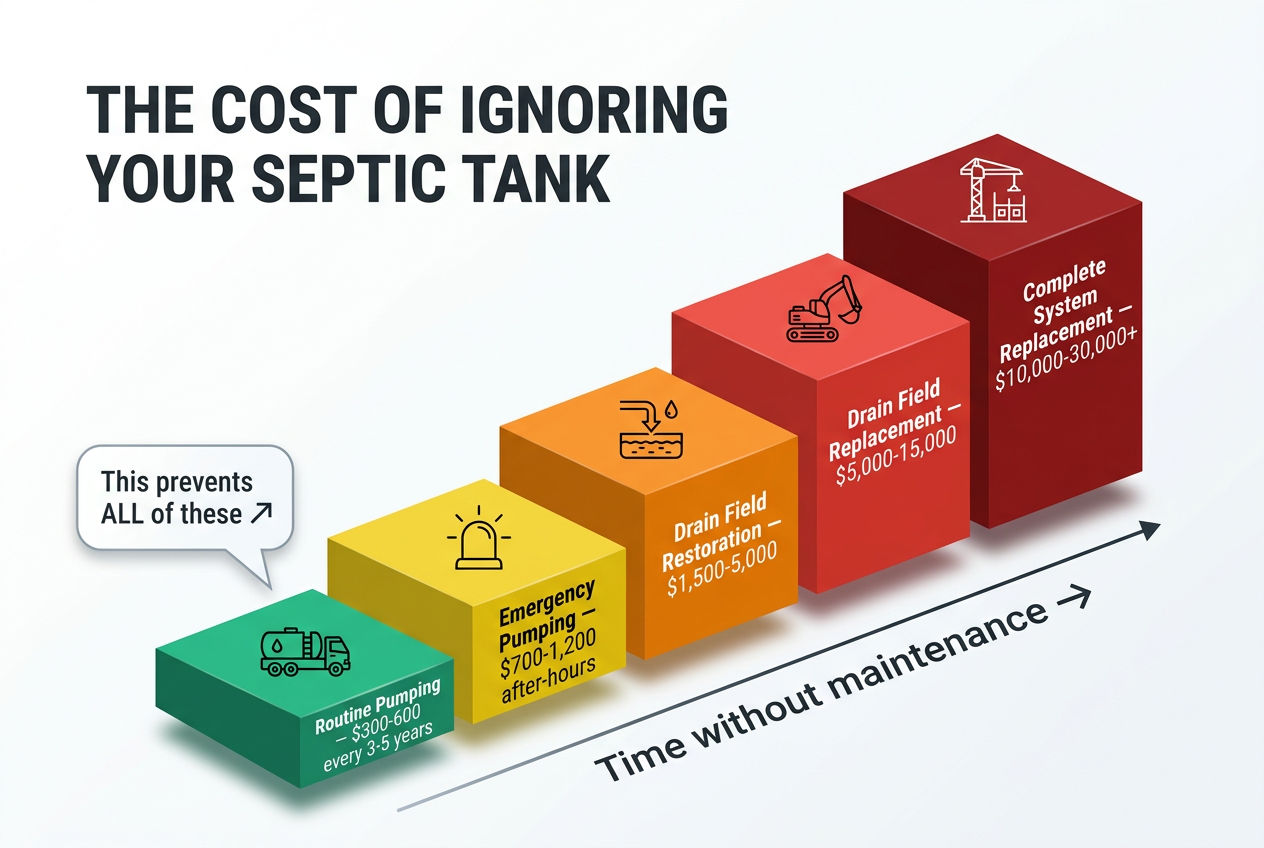 3D staircase infographic showing escalating costs from routine septic pumping to complete system replacement
