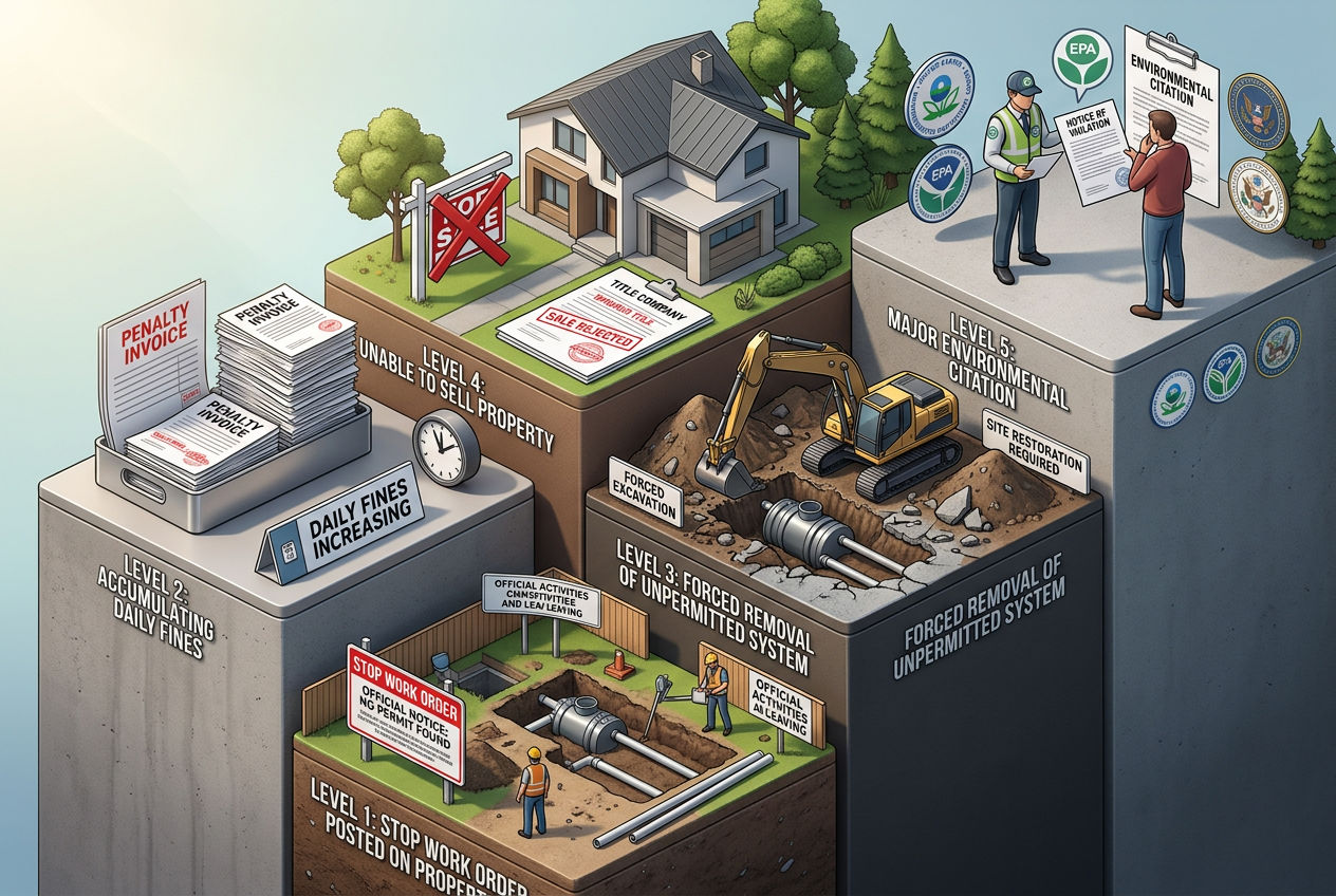 3D escalating consequences of unpermitted septic: stop work order, fines, forced removal, blocked sale, environmental citation
