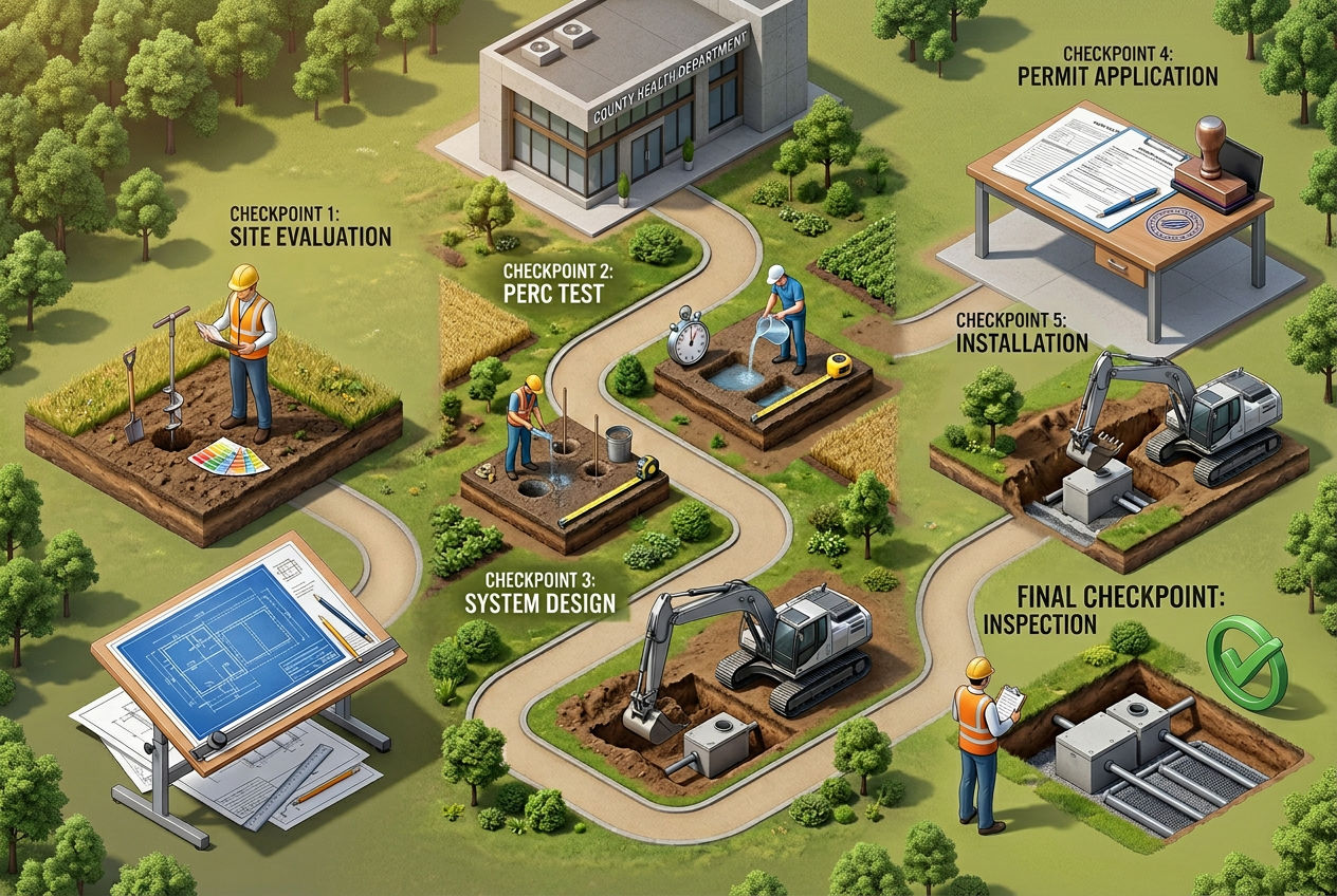 3D isometric path showing septic permit process from site evaluation through installation to final inspection