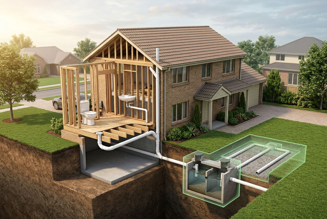 3D isometric view of a bathroom addition tying into existing septic plumbing with an expanded tank outline