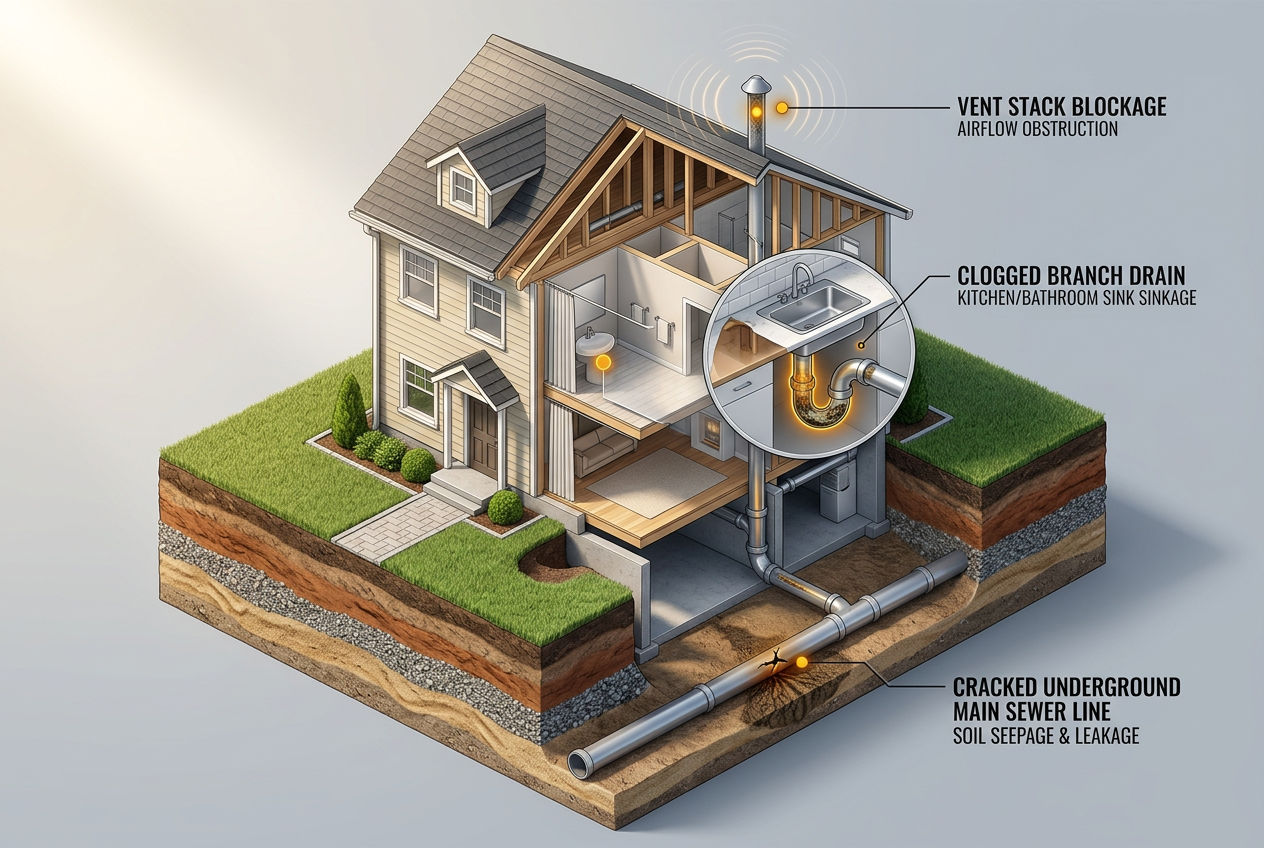 3D isometric cutaway highlighting common septic plumbing problems: clogged branch drain, blocked vent stack, cracked sewer line
