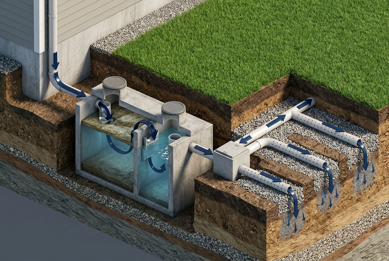3D isometric cross-section tracing wastewater flow from house to septic tank, distribution box, and drain field